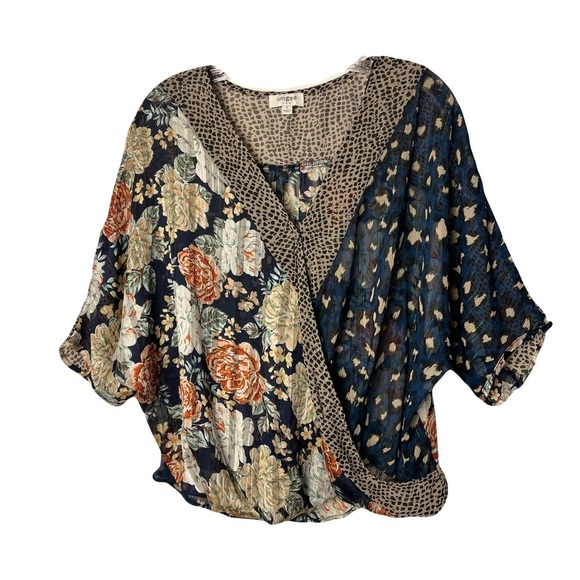 Umgee | Navy Mixed Print Boho Surplice Top, Small - Picture 1 of 7